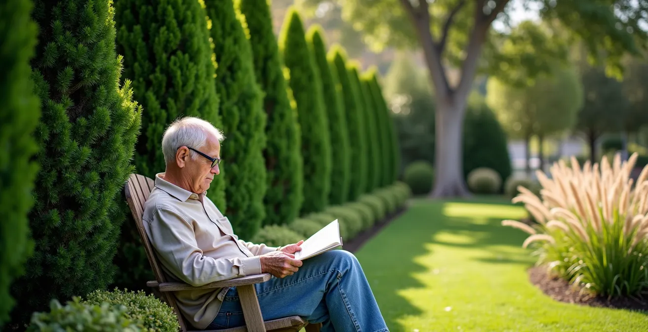 Layered landscape screen with tall evergreens and dense shrubs blocking street noise