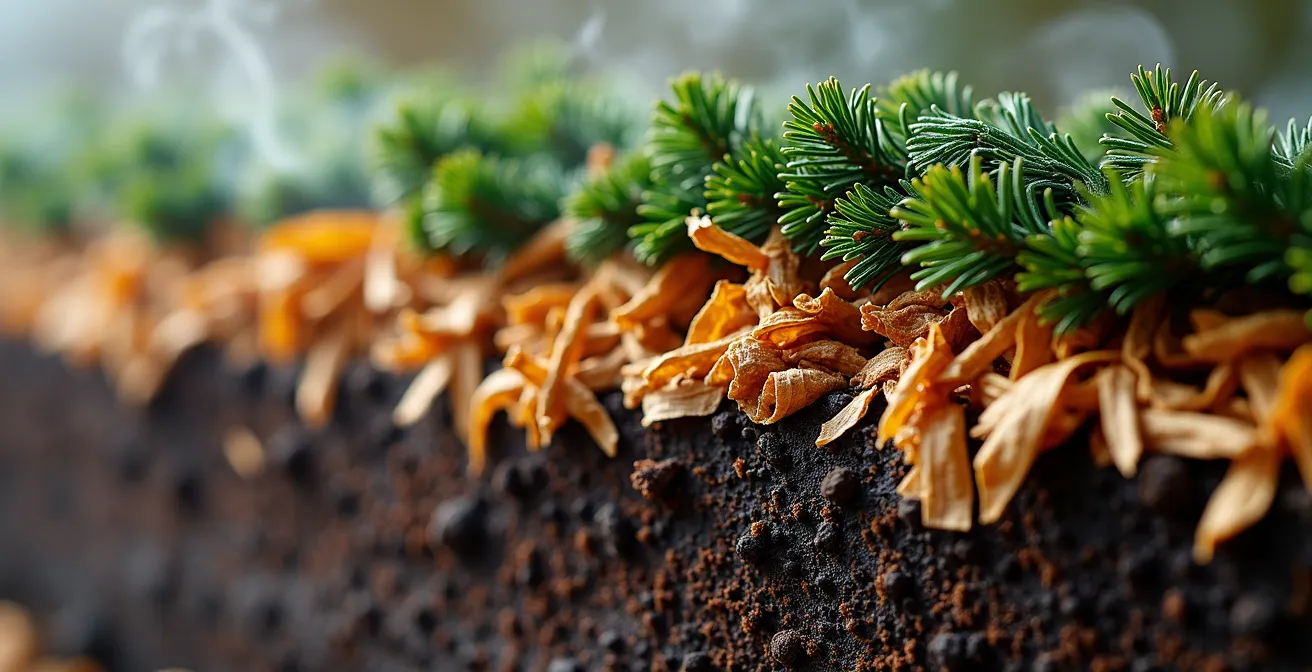 Cross-section view of layered mulch protection system for overwintering plants