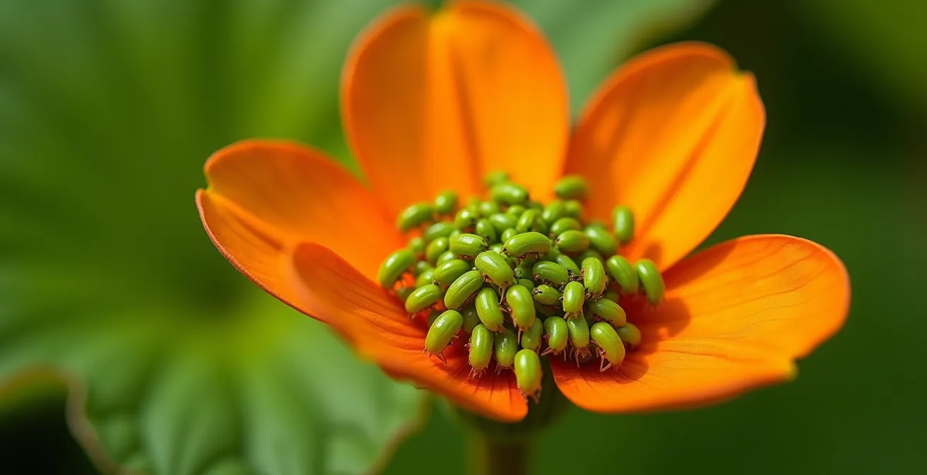 Macro view of aphids clustering on the vibrant leaves and petals of a nasturtium flower, acting as a trap crop.