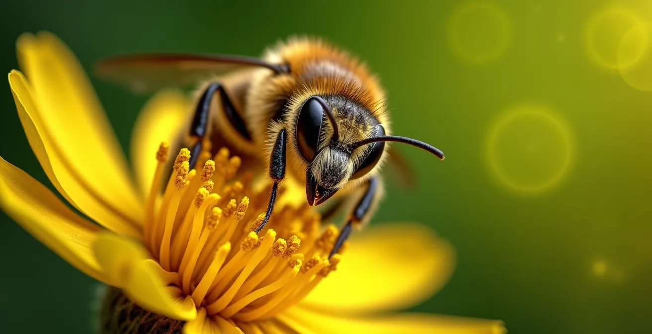 Extreme close-up of native bee on specialized flower showing pollen collection