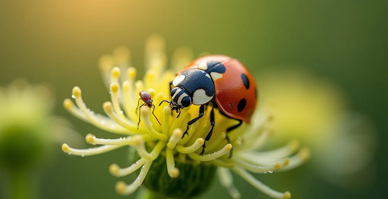 Close-up of native ladybugs on fennel flowers with aphids