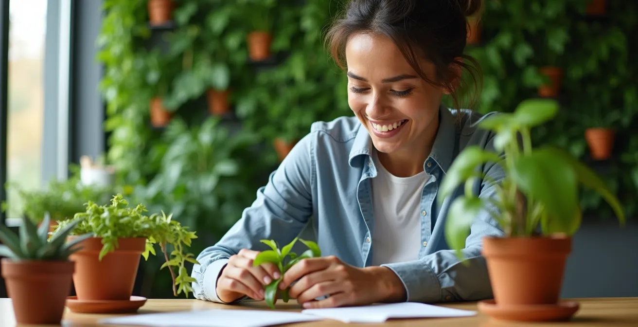 Modern office workspace featuring desk plants and living green wall creating productive environment