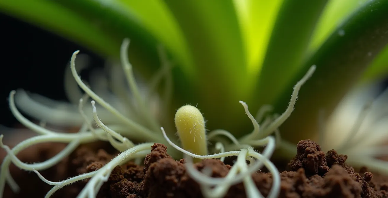 Close-up of orchid roots and a new flower spike emerging from the plant's base, showing successful reblooming.