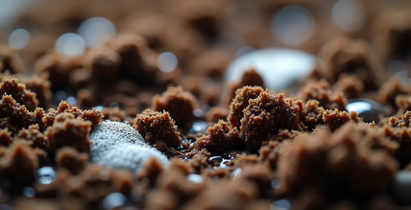 Extreme close-up of potting soil showing moisture and fungal growth patterns