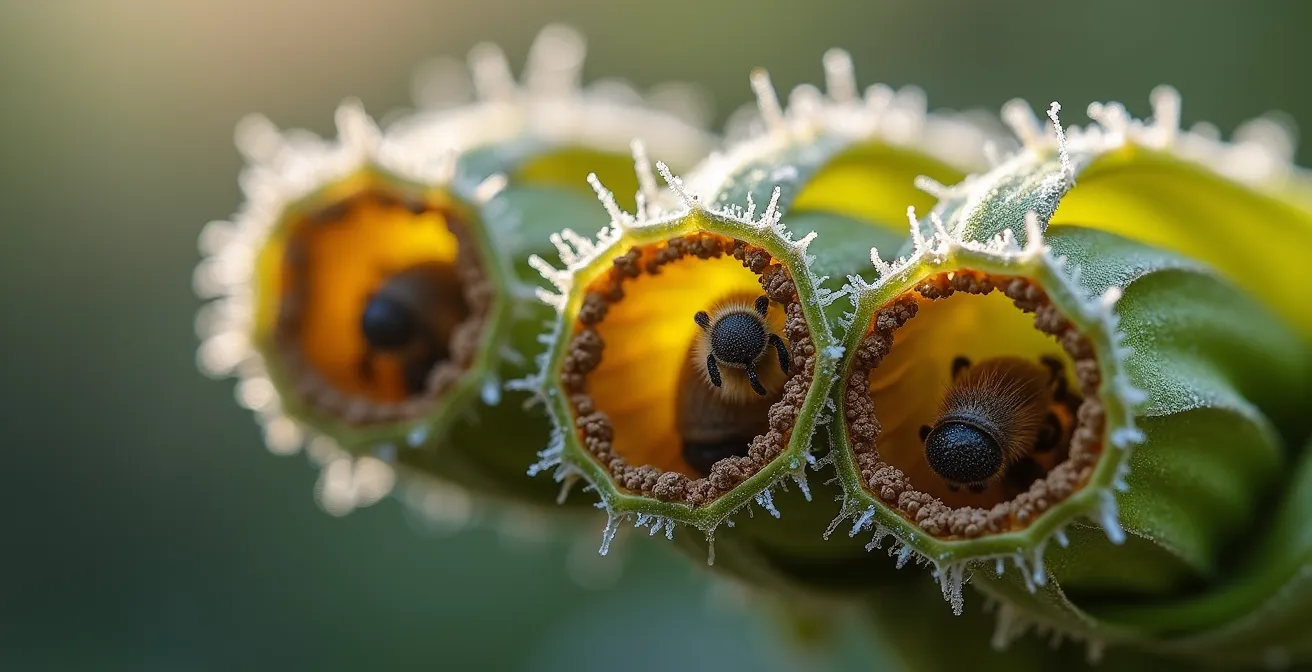 Macro view showing insects overwintering inside hollow plant stems