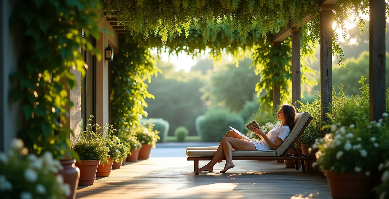 Person relaxing under pergola with climbing vines creating natural shade and cooling on patio