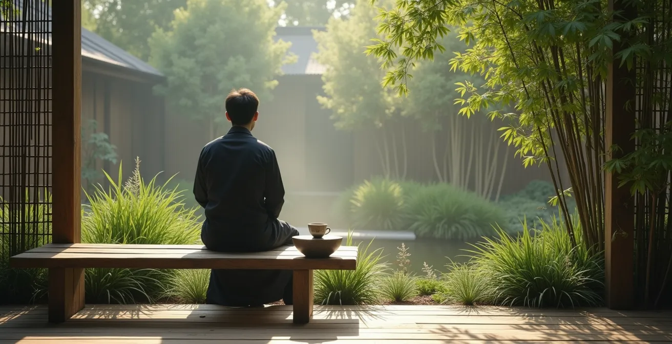 Person sitting on garden bench surrounded by ornamental grasses in soft morning light