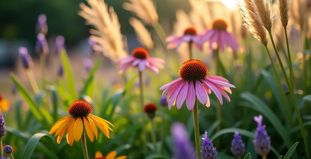 Layered perennial garden with native plants showing mature, established landscaping