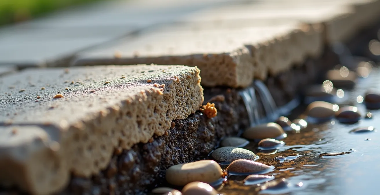Cross-section view of permeable paver system showing water infiltration and evaporative cooling process