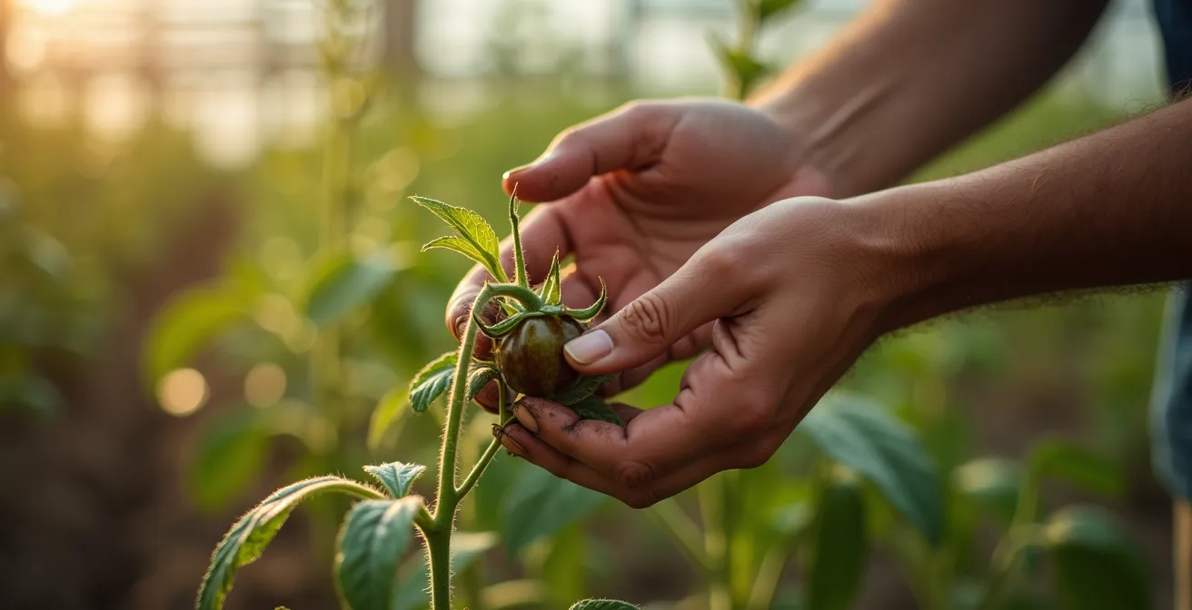 Human hands carefully removing flower buds from a young plant to redirect energy to foliage growth