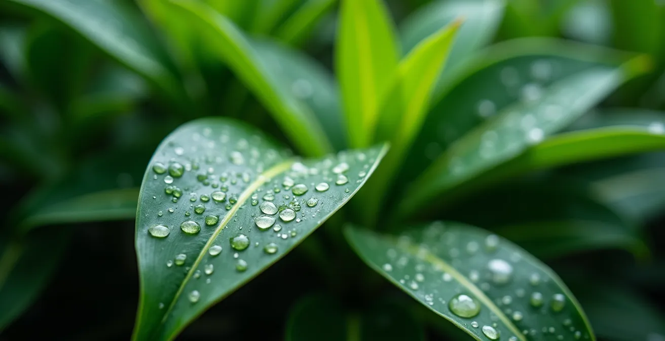 Close-up of grouped tropical plants with visible water droplets on their leaves, creating a humid microclimate.