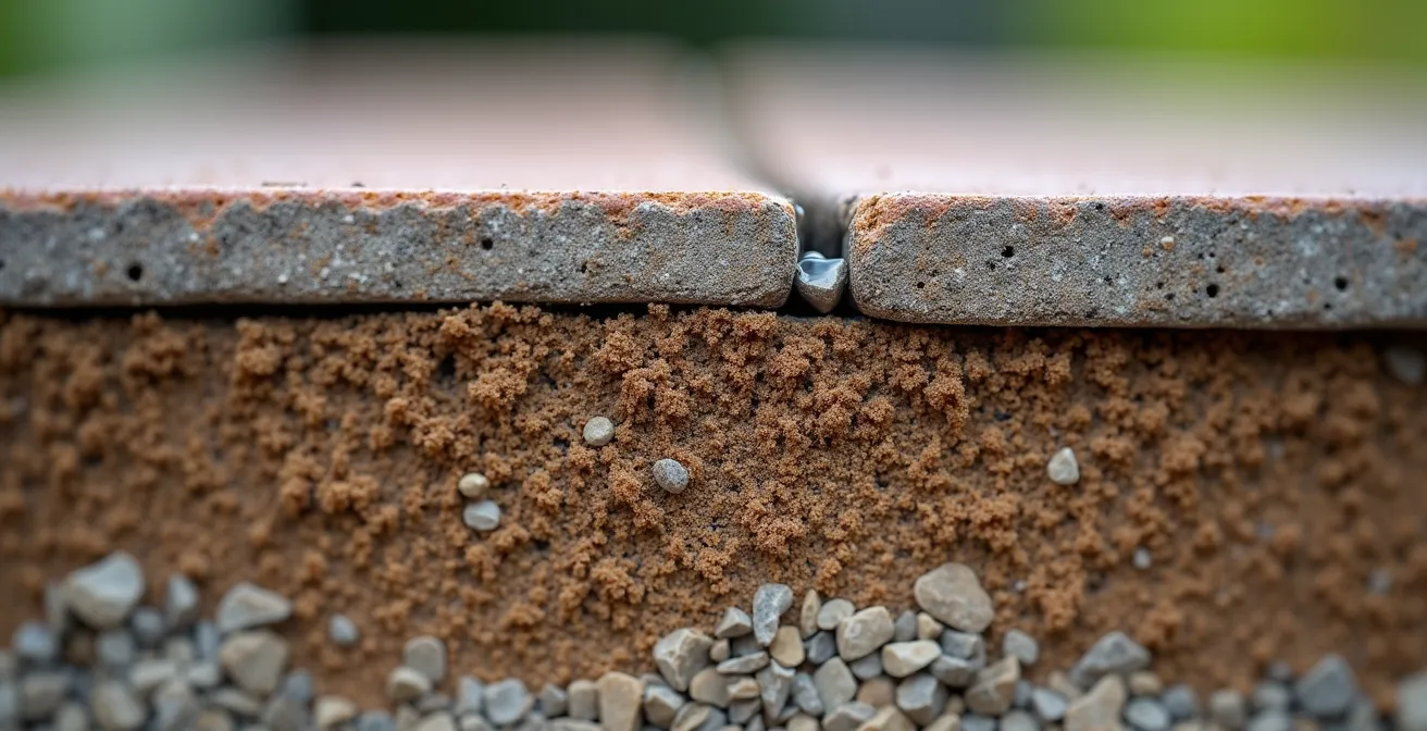 Detailed cross-section showing proper base layer construction with drainage extending beyond walkway edges