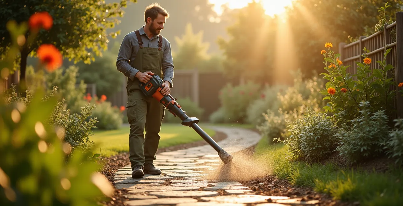 A gardener peacefully using a quiet battery-powered leaf blower on a stone path in an early morning garden setting.