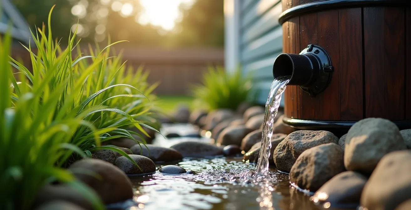 Rain barrel system connected to a bioswale with native plants