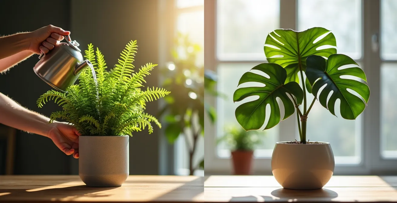 Split composition showing real plants with nurturing care versus high-quality artificial plants in urban setting