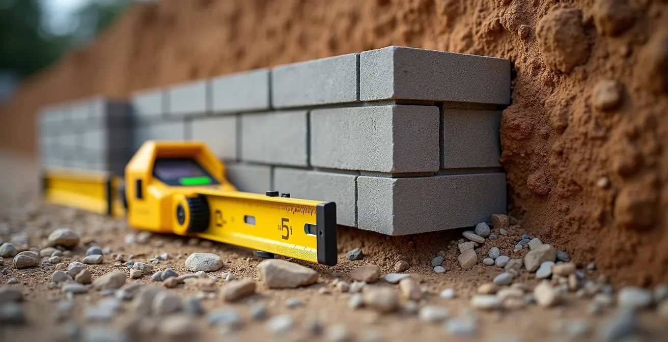 Cross-section view of a retaining wall showing proper batter angle and soil pressure forces
