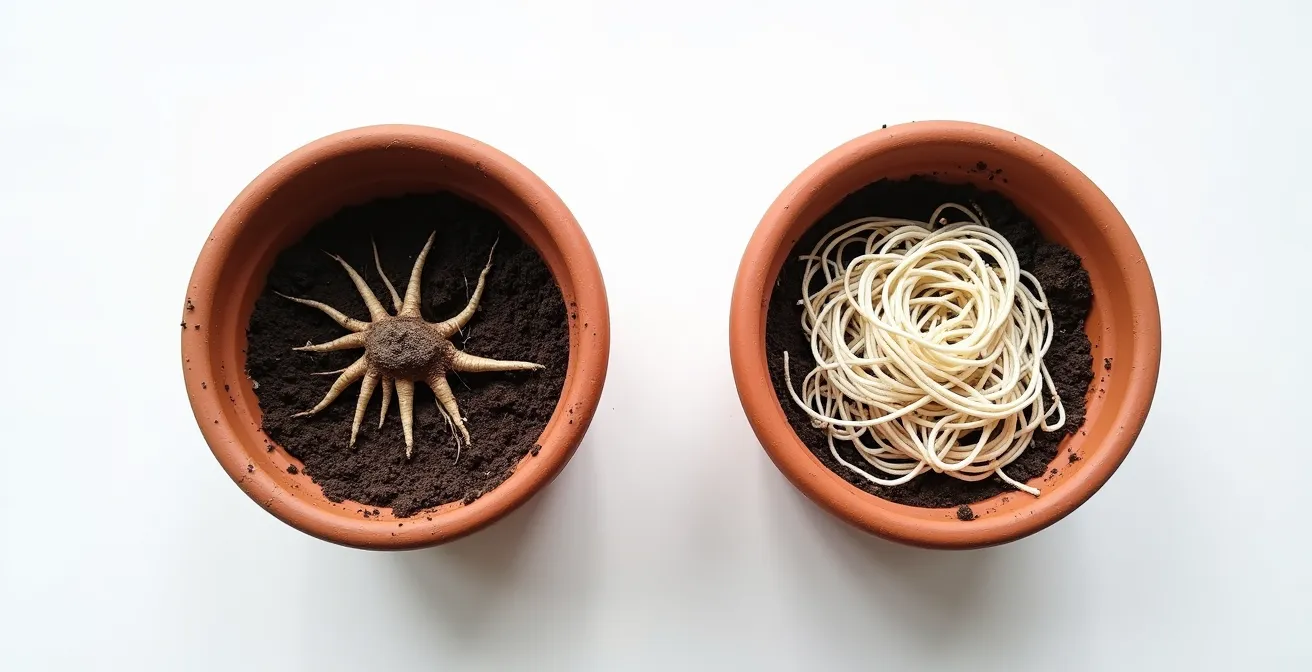 Side-by-side comparison of healthy vs root-bound plant pots showing root structure differences