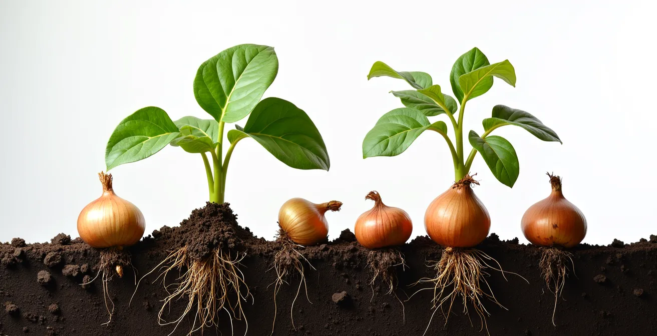 A symbolic cross-section of soil showing healthy bean roots with nodules on one side and onion bulbs on the other, representing their chemical incompatibility.