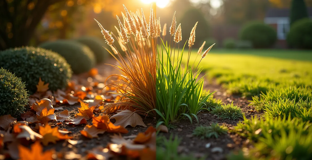 Split-screen garden showing fall cleanup on left and spring growth on right