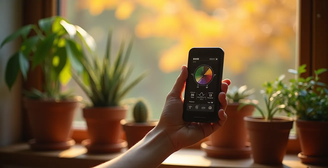 Hand holding light meter near indoor plants showing changing light conditions