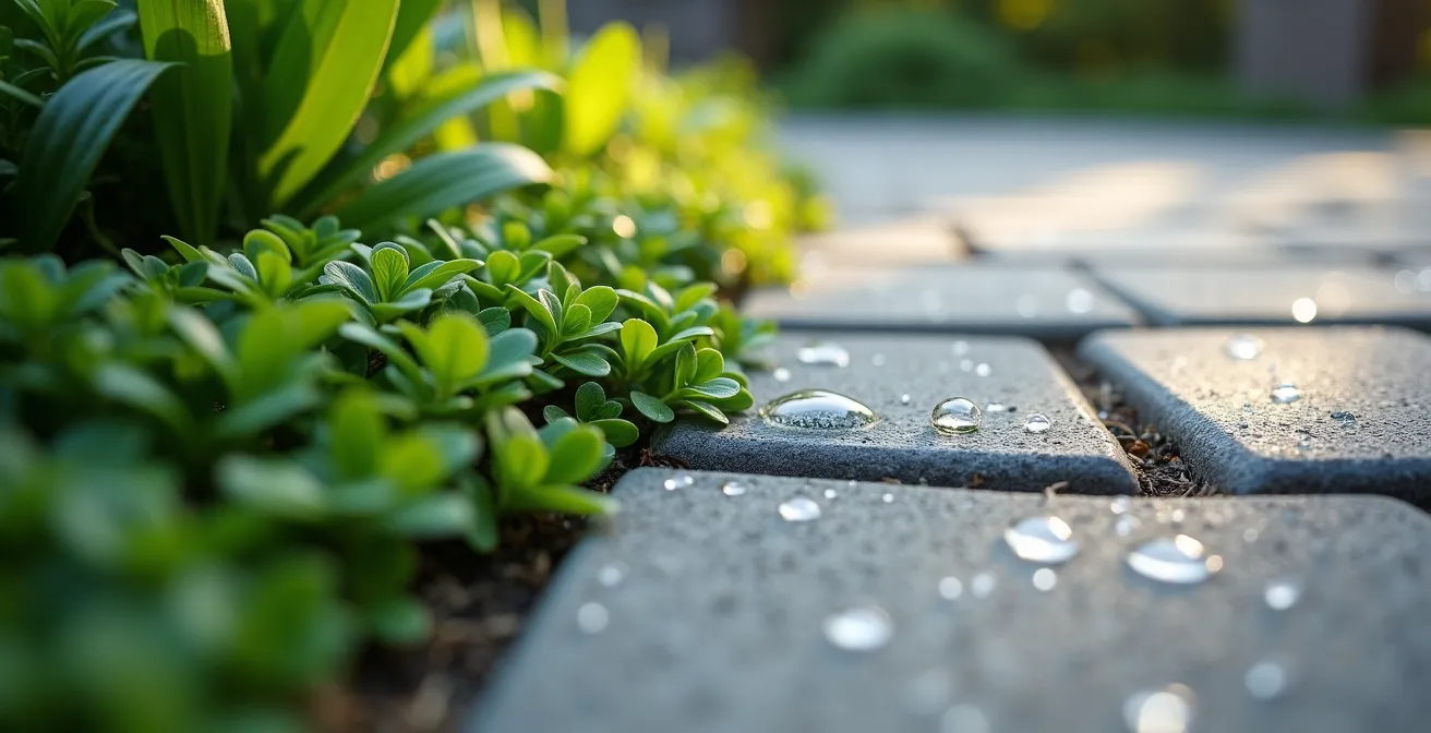 Aerial view of a small backyard showing perfect balance between stone patio and lush garden borders