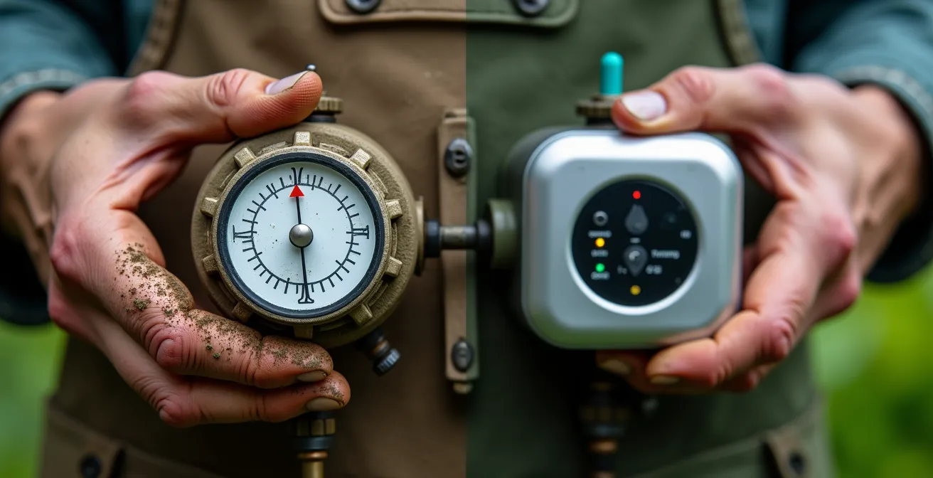 Close-up comparison of irrigation timer and smart controller installation