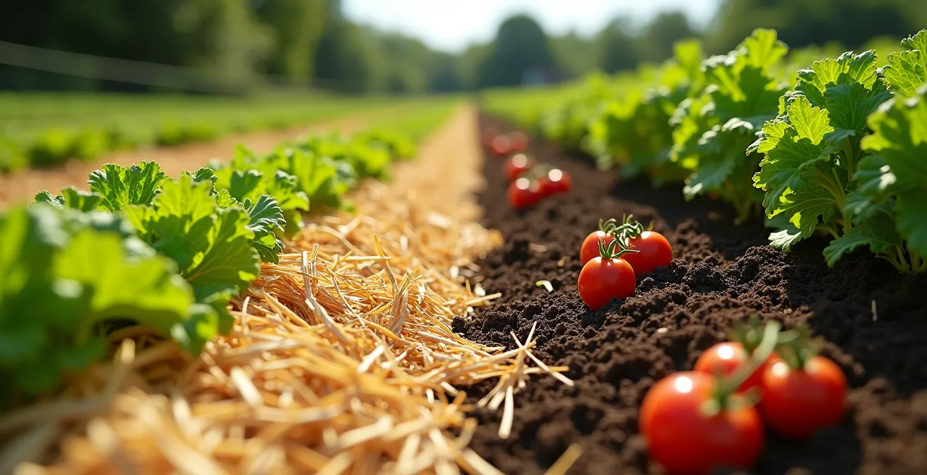 Side-by-side comparison of straw mulched vegetable beds and wood chip mulched orchard showing different soil ecosystems