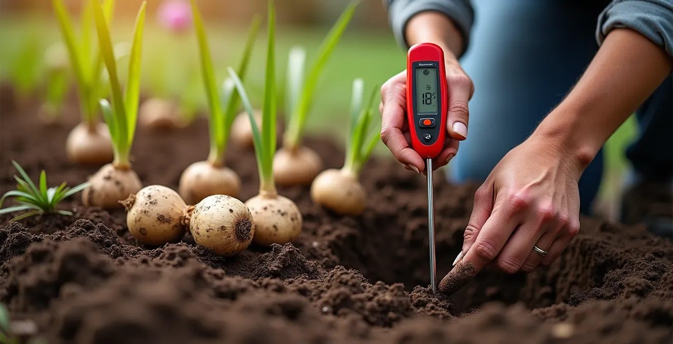 Gardener's hands checking soil temperature for bulb planting timing