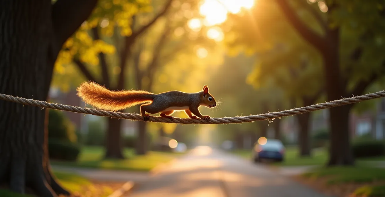 Rope bridge connecting trees across suburban street for squirrel crossing