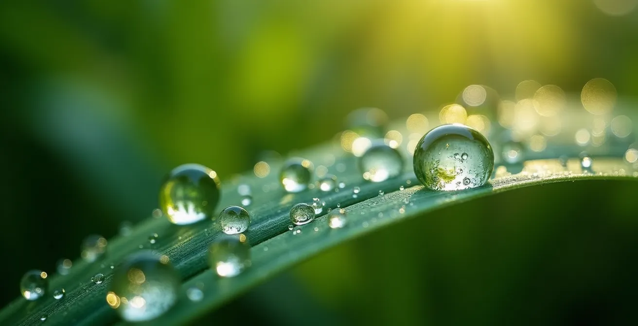 Extreme macro shot of water beading on a waxy leaf surface, demonstrating the need for a surfactant to help sprays adhere.