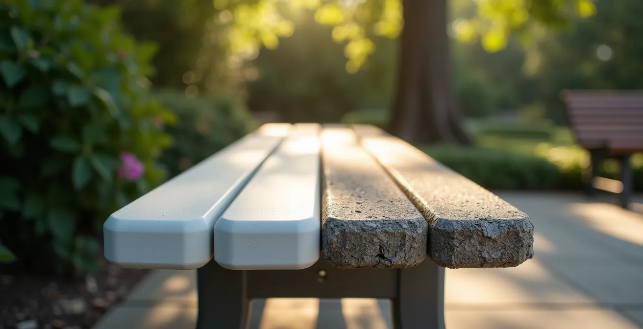 Split comparison showing new versus UV-degraded recycled plastic surface texture