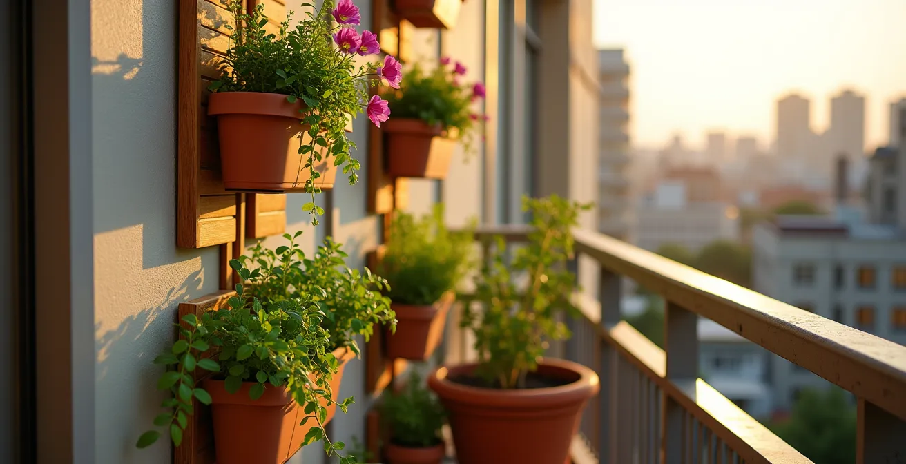 Three-dimensional balcony garden with hanging baskets and vertical planters full of blooming flowers