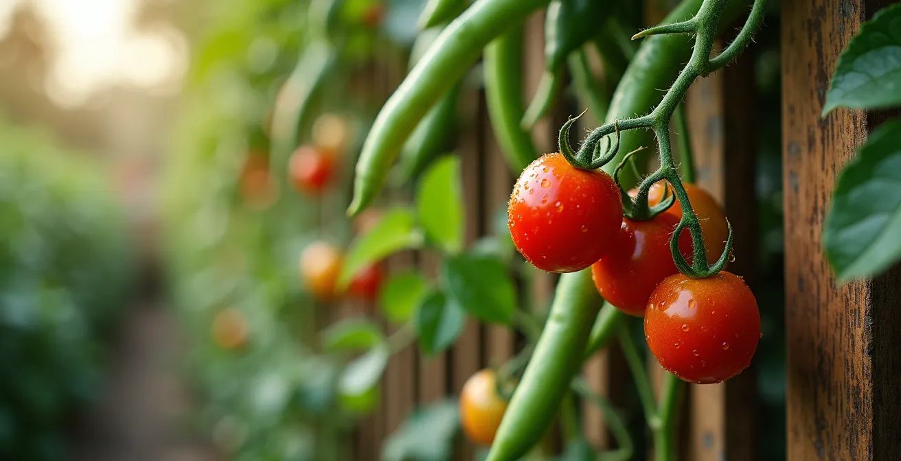 Lush vertical garden with vegetables growing on utility screening structure