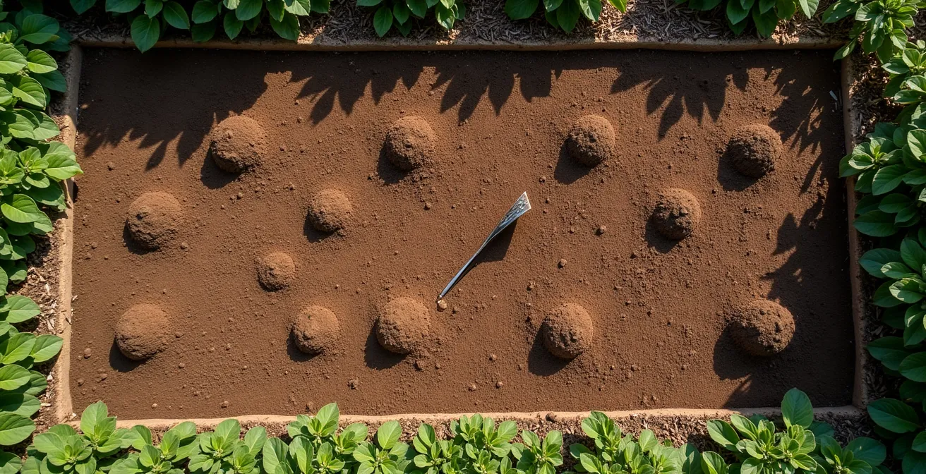 Overhead view of a garden bed showing the W-pattern soil sampling technique for collecting an accurate soil sample.