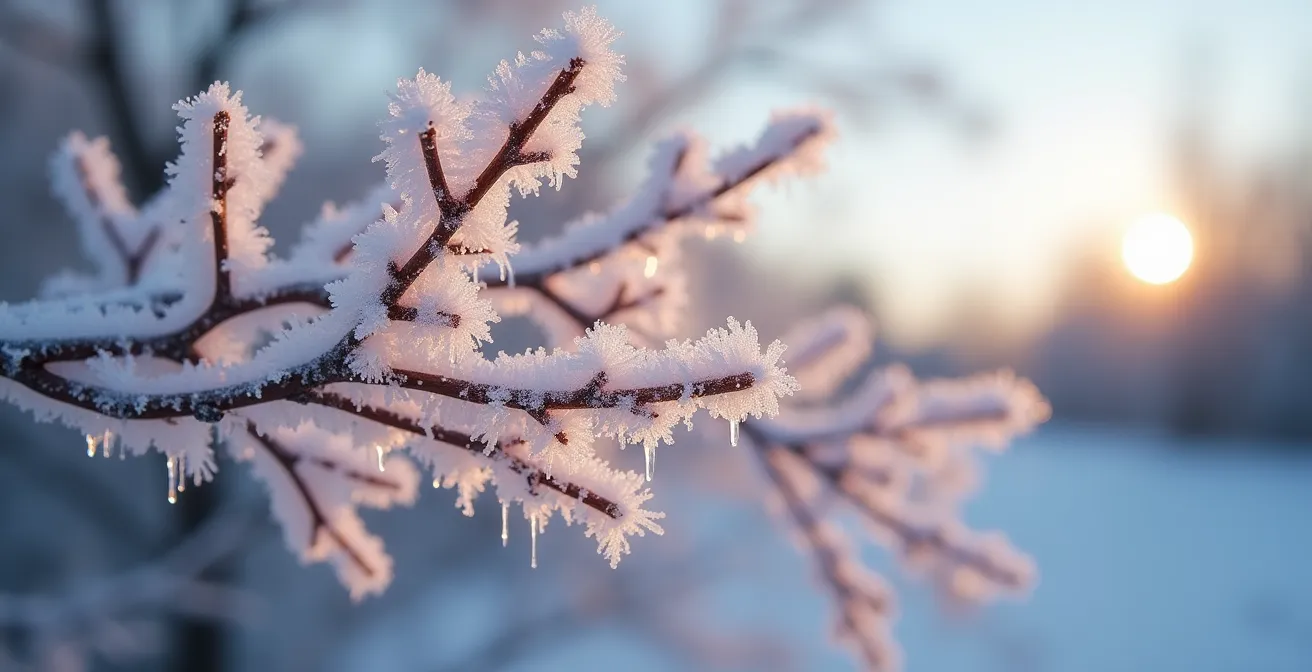Japanese Maple branches covered in frost creating intricate ice patterns in winter garden