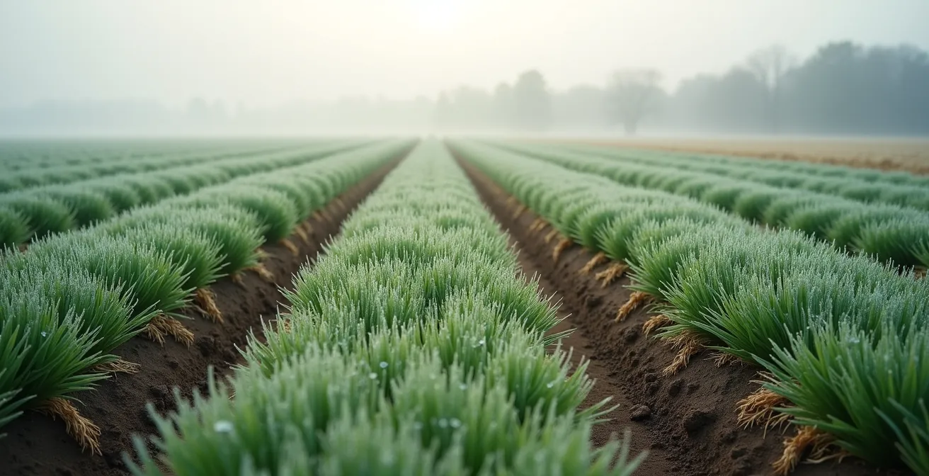 A wide view of a field of green winter rye cover crop covered in morning frost, demonstrating how the living plants protect the soil.