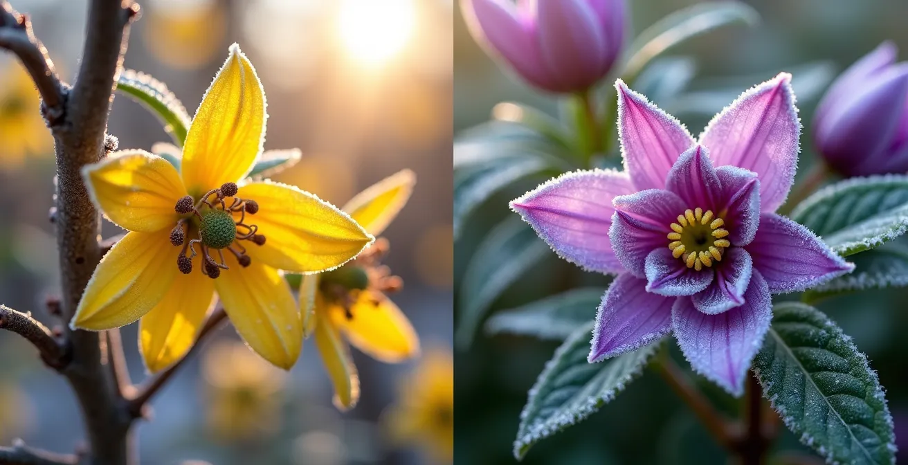 Close-up comparison of witch hazel's spider-like blooms at eye level versus hellebore's nodding flowers near ground