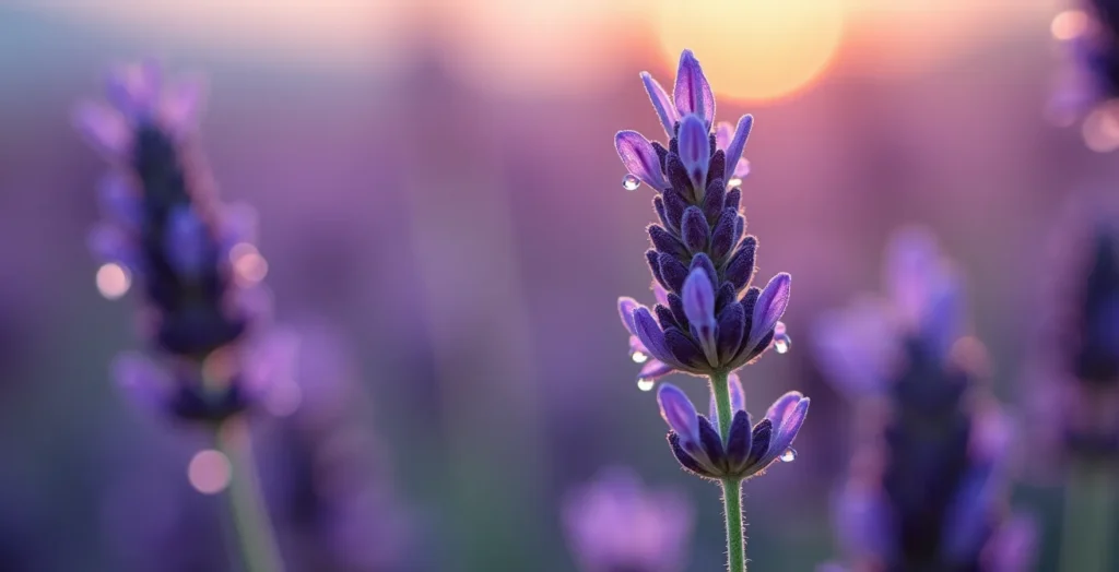 Extreme close-up of lavender flower showing oil glands and morning dew drops Extreme close-up of lavender flower showing oil glands and morning dew drops